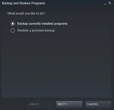 Steam > Backup and Restore Programs