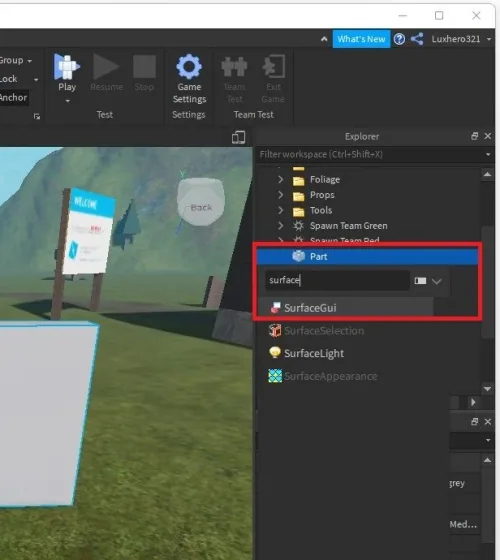 Explorer Window > Part > SurfaceGui