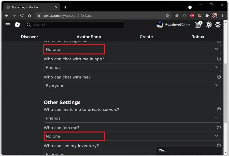 Roblox Settings > Privacy