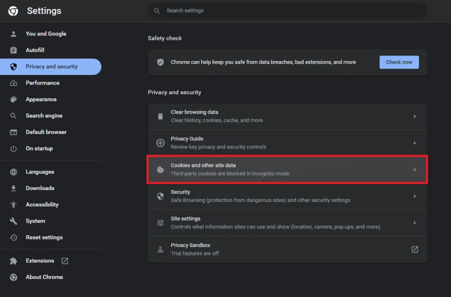 chrome cookies and site data