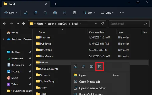 delete the Roblox cache folder