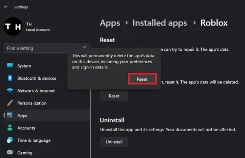 reset the roblox app in your windows settings