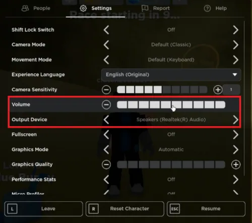 Roblox Settings > Volume & Output Device