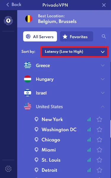 privadoVPN server selection