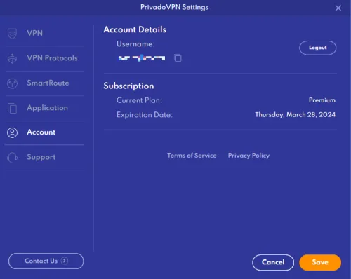 privadoVPN account settings