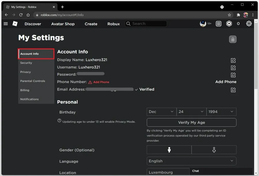 Roblox Settings > Account Information > Birthday
