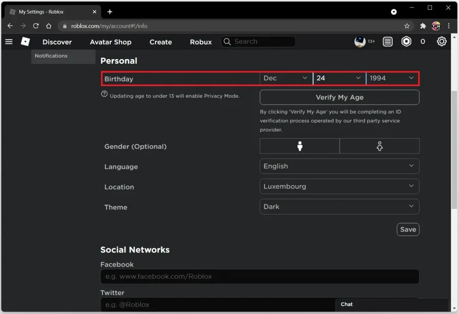 Roblox Settings > Account Info > Personal