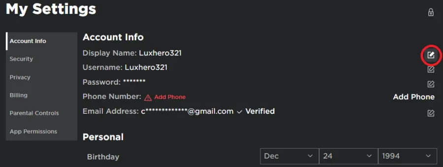 Roblox Settings > Account Information > Display Name