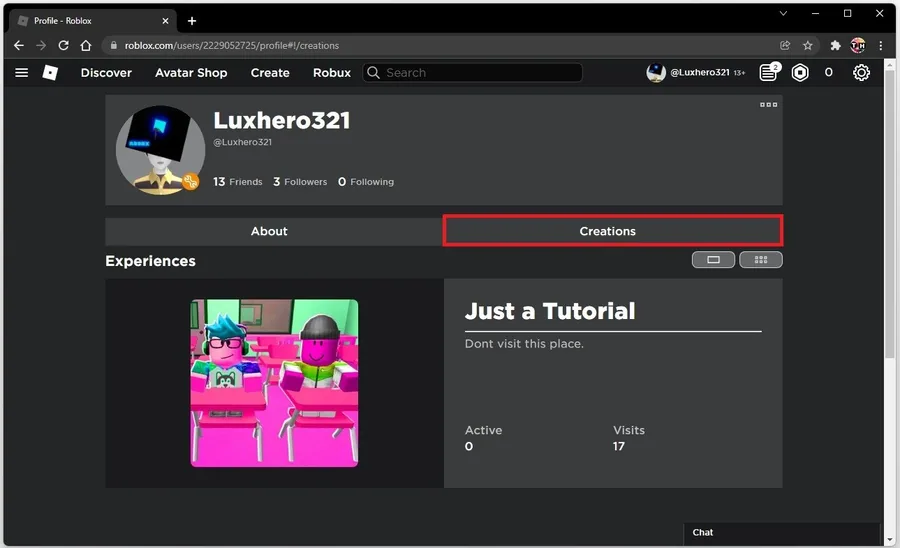 Roblox Account > Creations > Experience