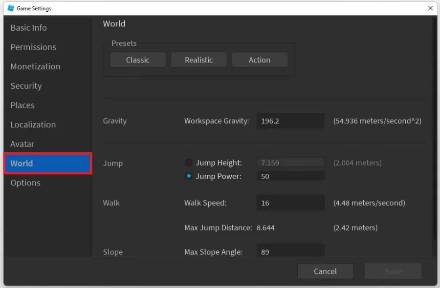 Roblox Game Settings > World