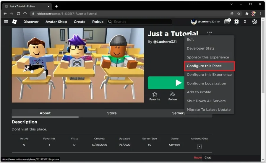 Roblox Experience > Configure this Place