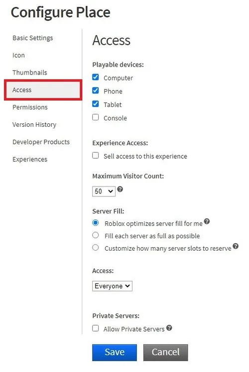 Configure Place > Access