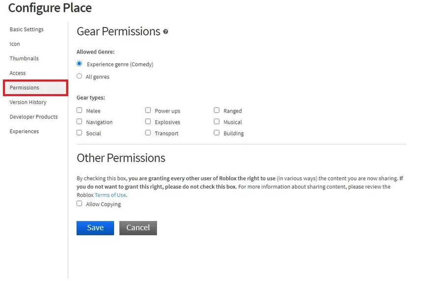 Configure Place > Permissions