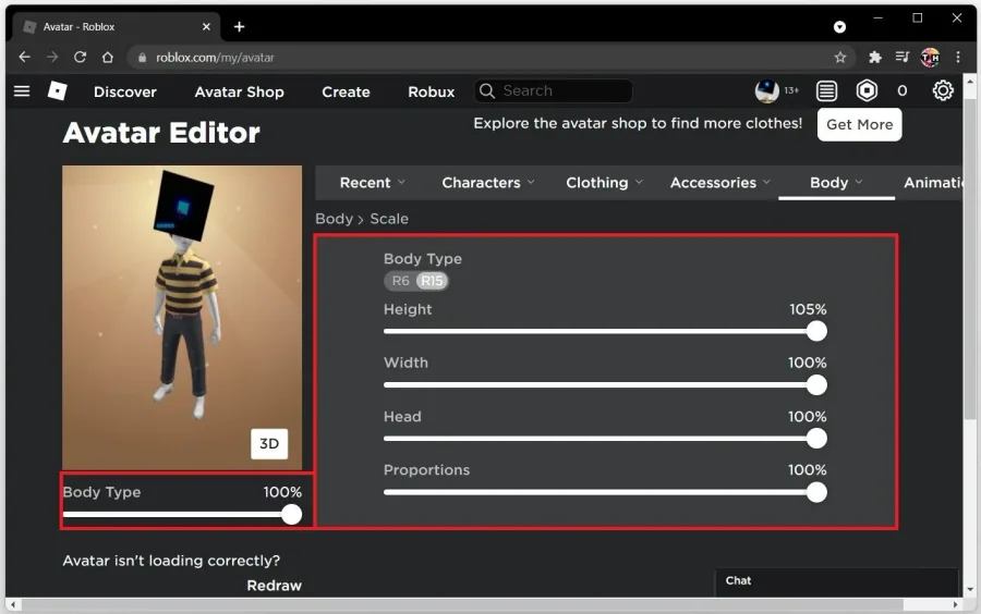 Change the body and scale of your Roblox avatar