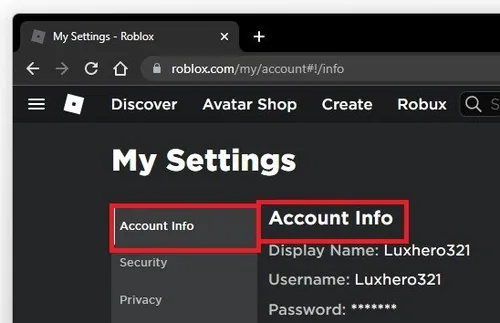 Roblox Settings > Account Information