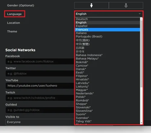 Roblox Account Settings > Language