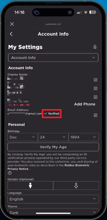 Verifty Email or Phone for Roblox account