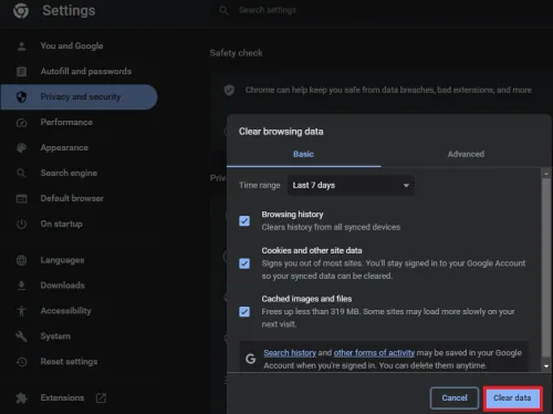 clear browsing data