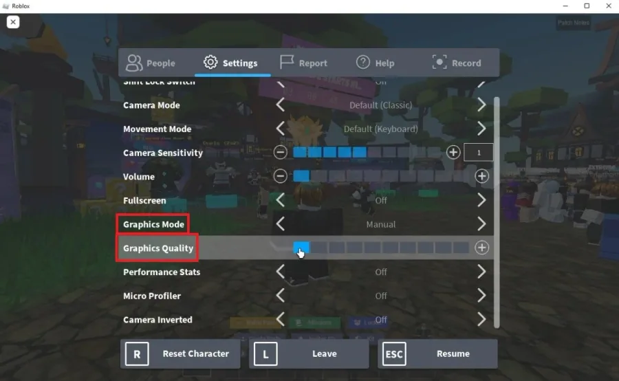 Roblox Settings > Graphics Quality