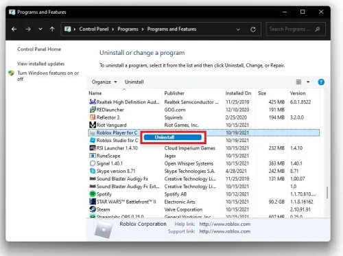 Control Panel > Programs > Programs and Features > Roblox Player
