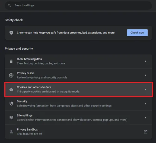 cookies and other site data