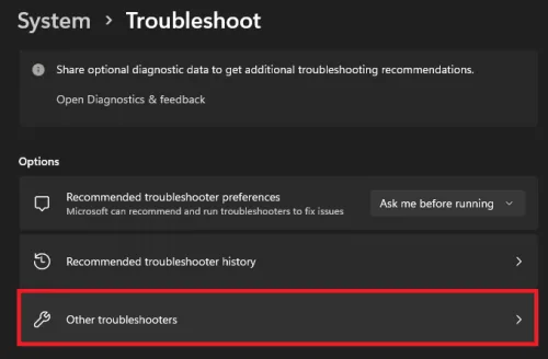 System Settings > Troubleshoot > Other Troubleshooters