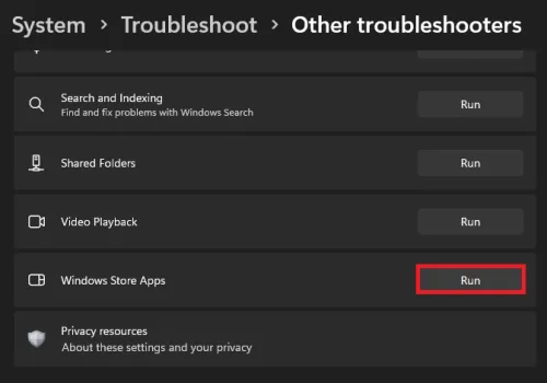 Other Troubleshooters > Windows Store Apps