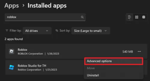 Windows Settings > Apps > Installed Apps > Roblox > Advanced Options