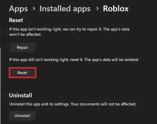 Reset Roblox App