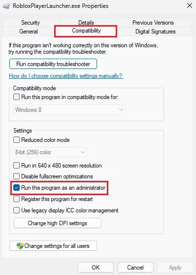 roblox compatiblity settings