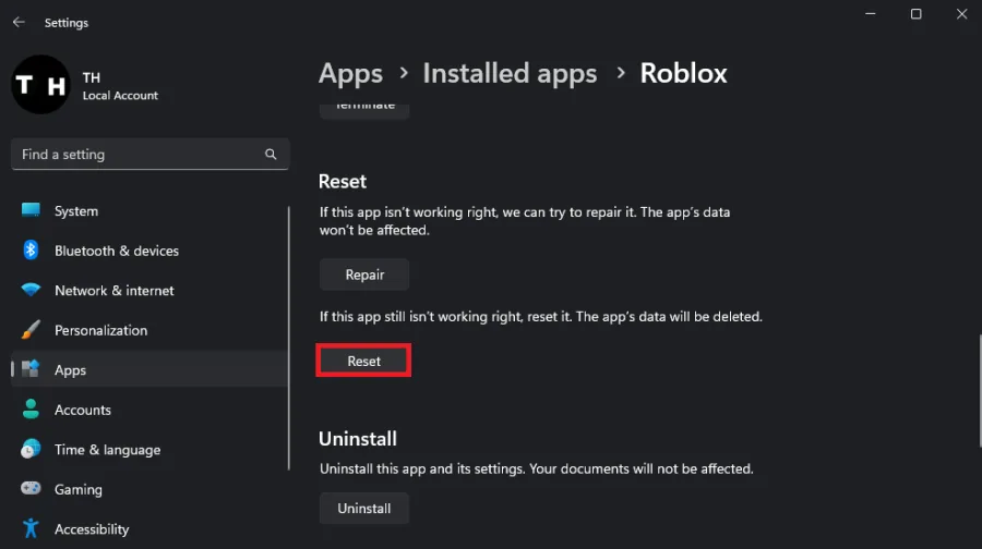 Reset Roblox application
