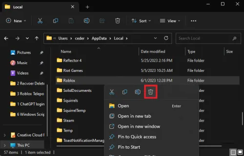 delete roblox app cache