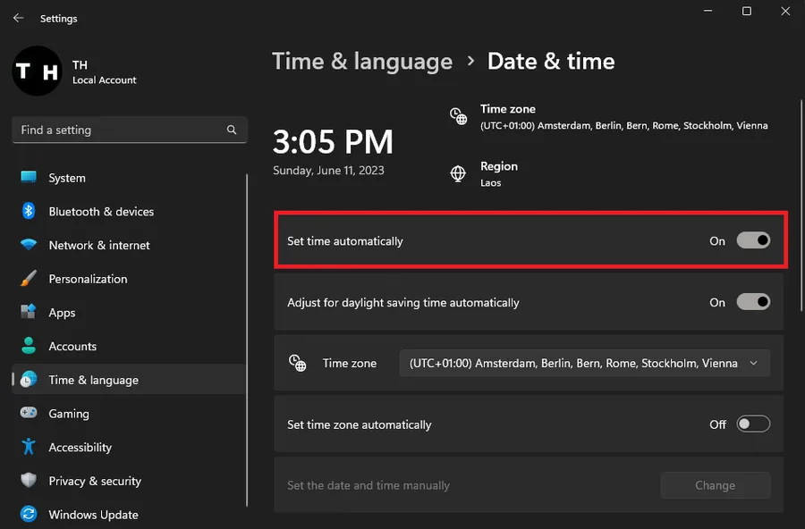 time and date settings
