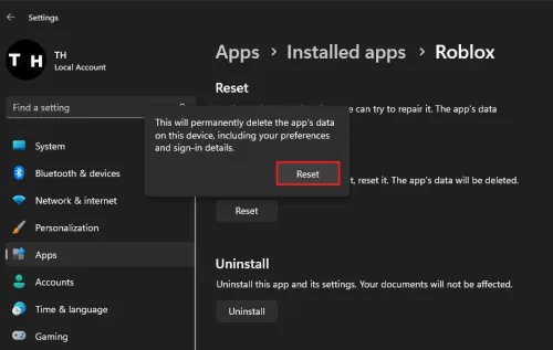reset the roblox app