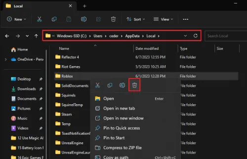delete the roblox cache