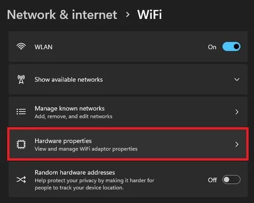 Windows Settings > Network & internet > WiFi > Hardware Properties