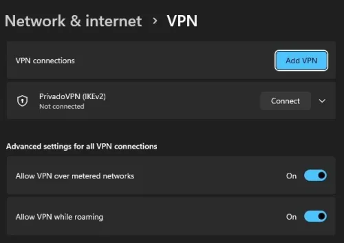Windows Settings > Network & internet > VPN