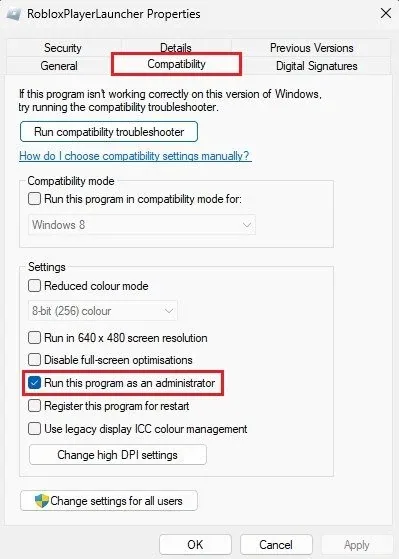 Roblox Launcher Properties > Compatibility