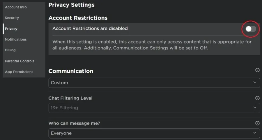 Roblox.com > Settings > Privacy > Account Restrictions
