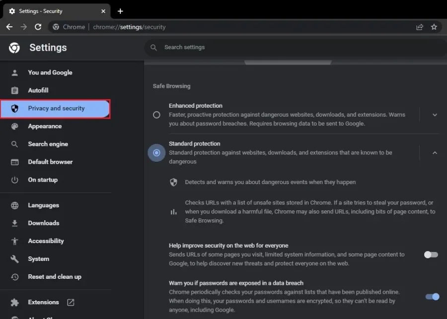 Google Chrome Settings > Privacy and security