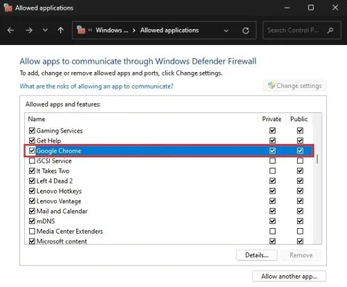 Firewall & Network Protection > Allowed applications