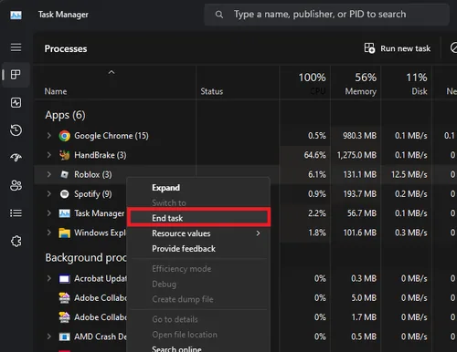 end the Roblox task in your task manager