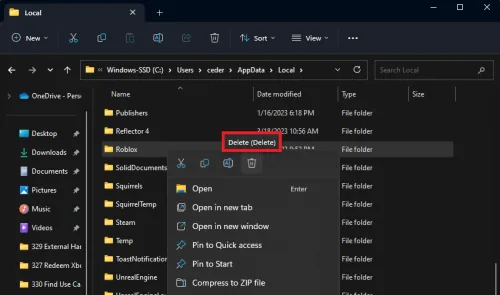 delete the Roblox folder