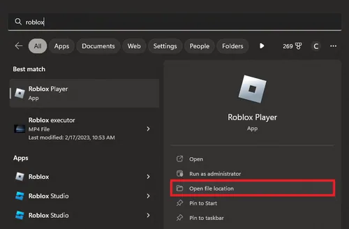 open the roblox file location