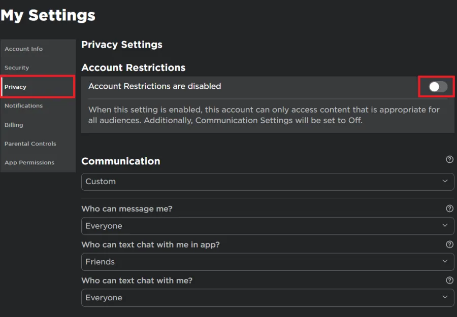 disable account restrictions