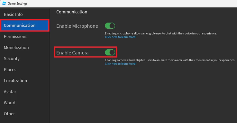 enable camera in roblox studio