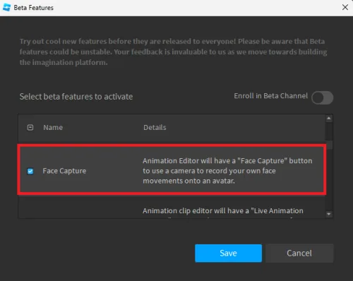 enable face capture for roblox