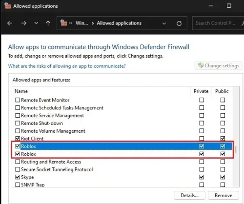 Windows Firewall > Allowed Applications > Roblox