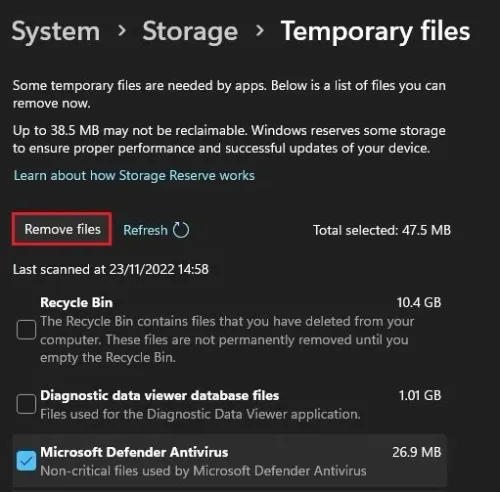 System Settings > Storage > Temporary Files