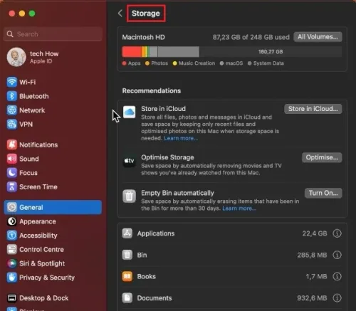 System Settings > General > Storage